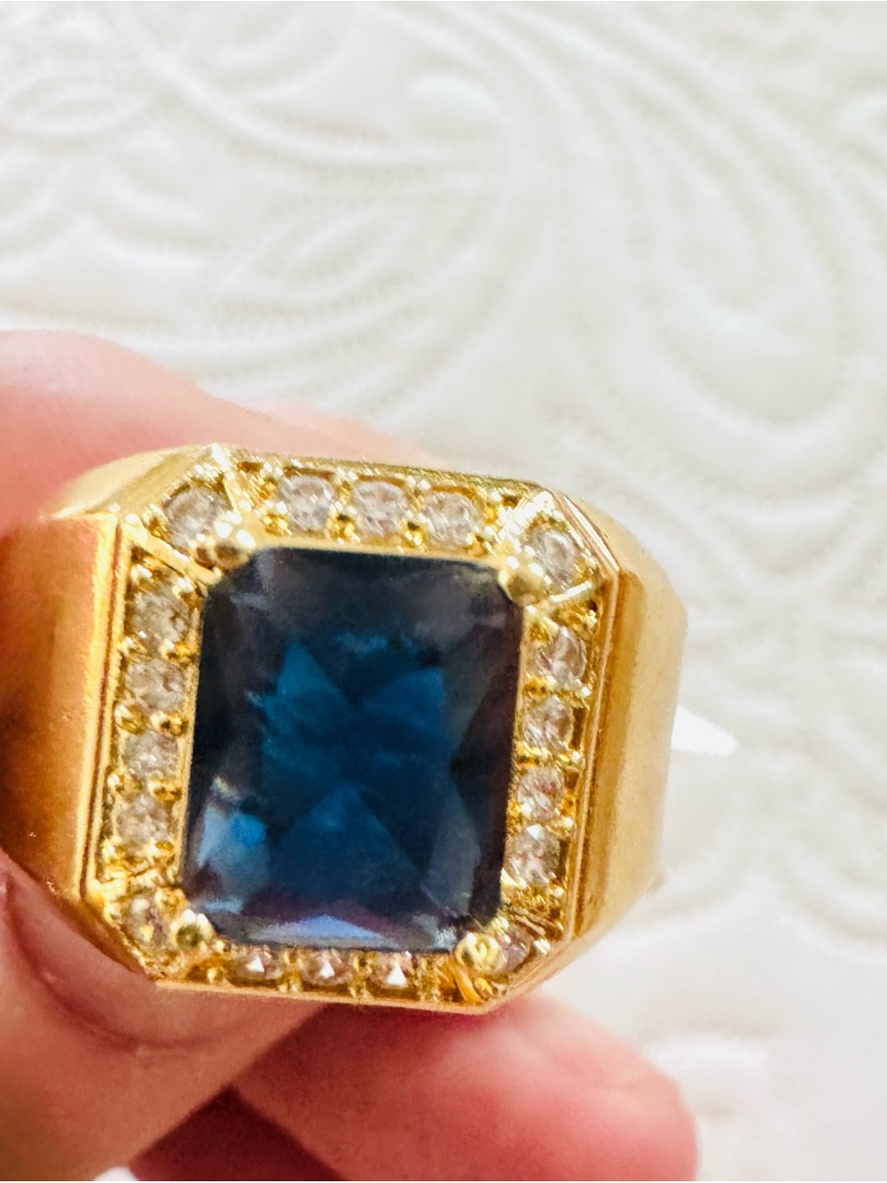 18K Gold Plated Men's Cocktail Ring with Deep Blue Center Stone.